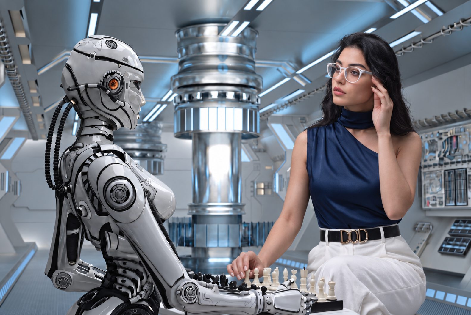 Une femme joue aux échecs face à un robot humanoïde dans un laboratoire futuriste