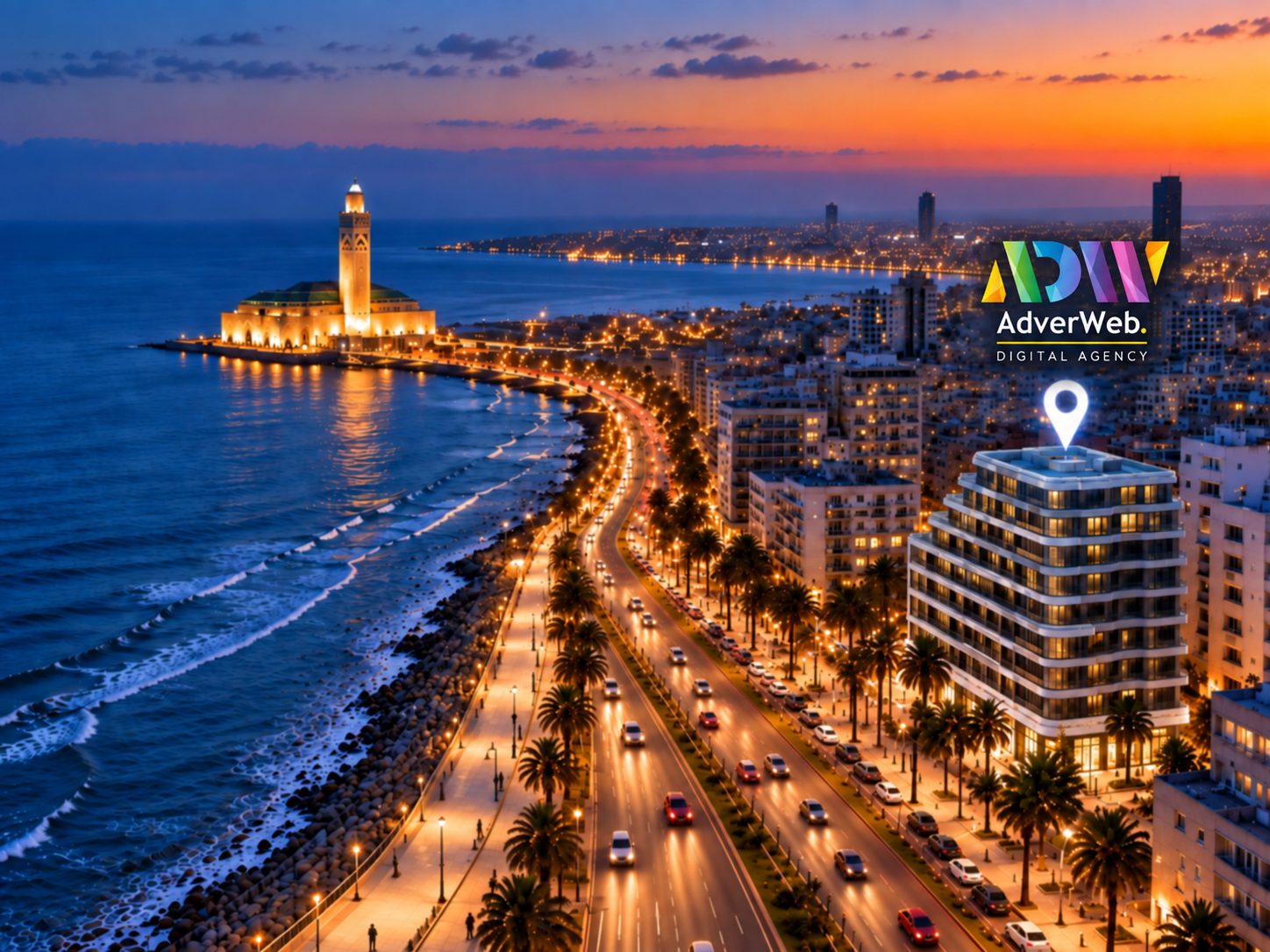 La corniche de Casablanca de nuit avec la mosquée Hassan II et l’emplacement de l’agence AdverWeb