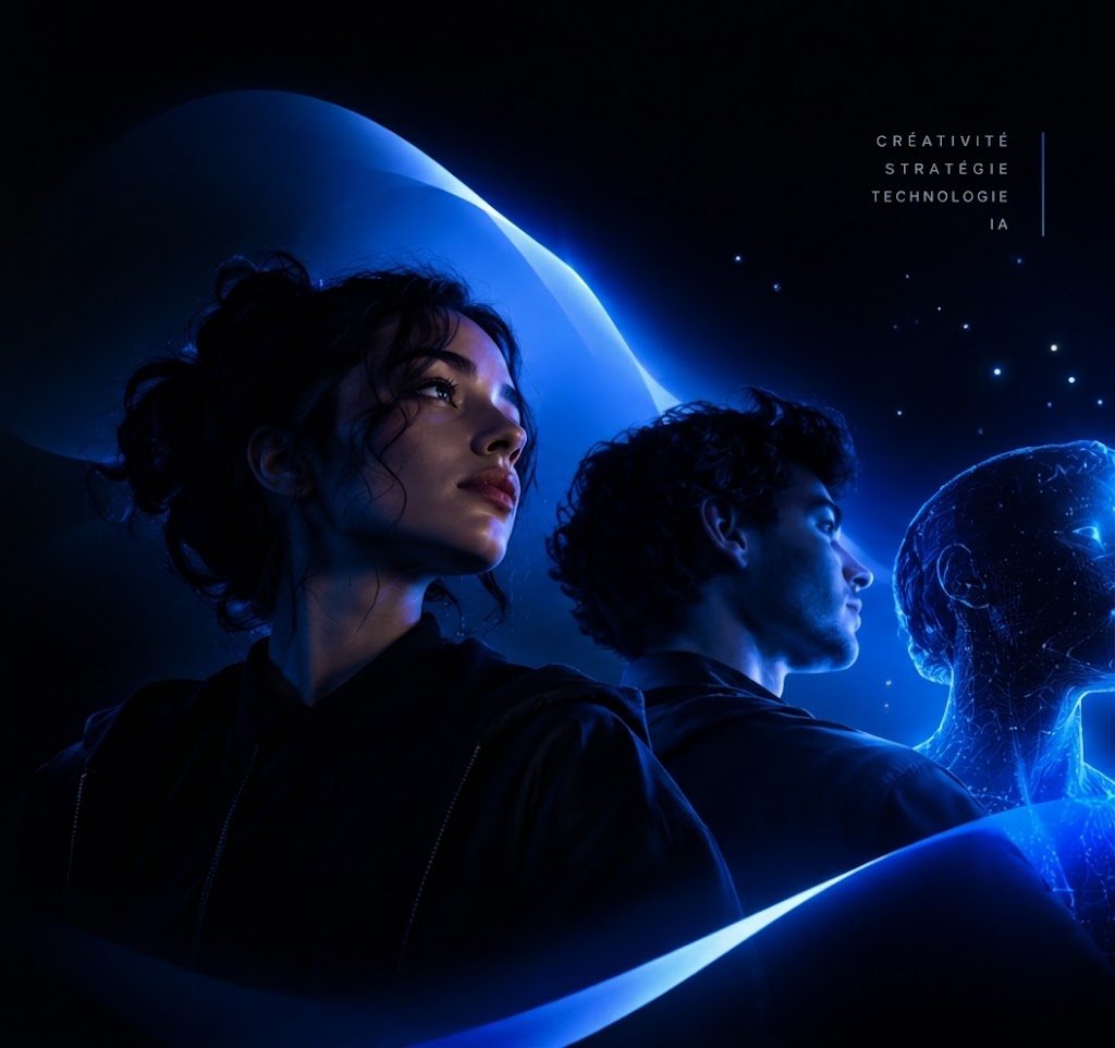 Deux jeunes talents et une silhouette d’intelligence artificielle dans une lumière bleue — Créativité, Stratégie, Technologie, IA